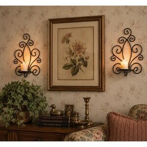 Pair Of Wrought Iron Black Wall Mounted Vintage Sconce for Pillar Candle Holder